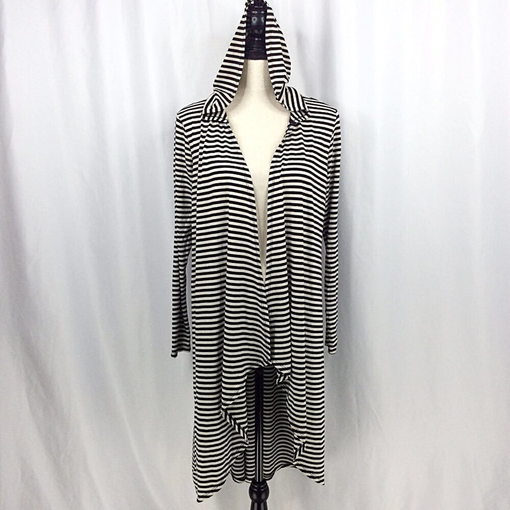 Janet‎ Chung Hooded Duster Cardigan Sweater Womens Size Medium Striped Hi Low